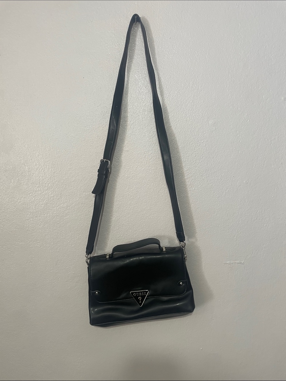 GUESS Black Leather Crossbody Bag with Triangular Logo